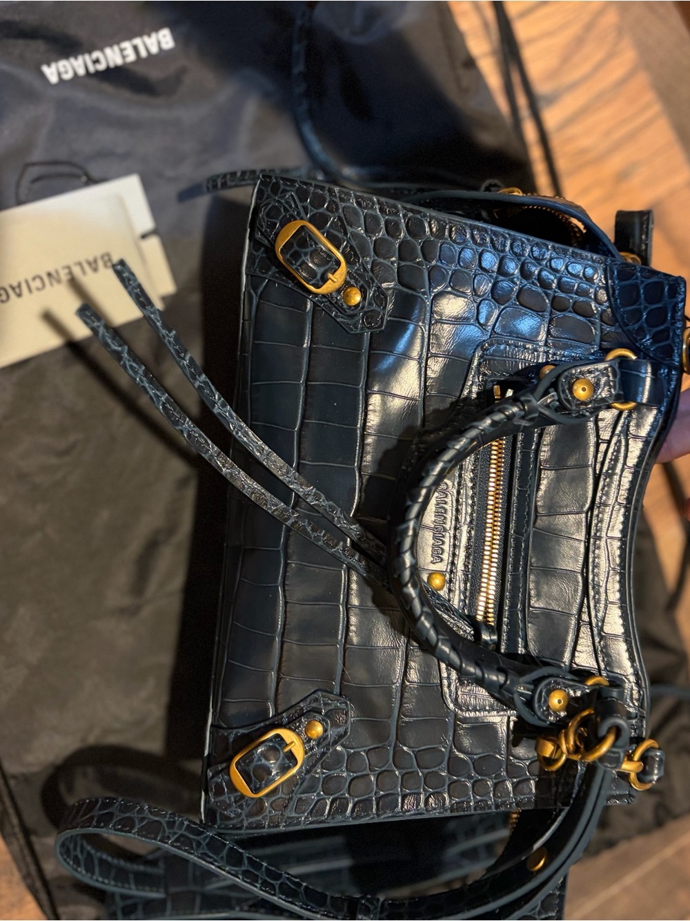 ❤️sold ❤️Balenciaga Black Croc-Embossed Mini Tote with Gold Hardware